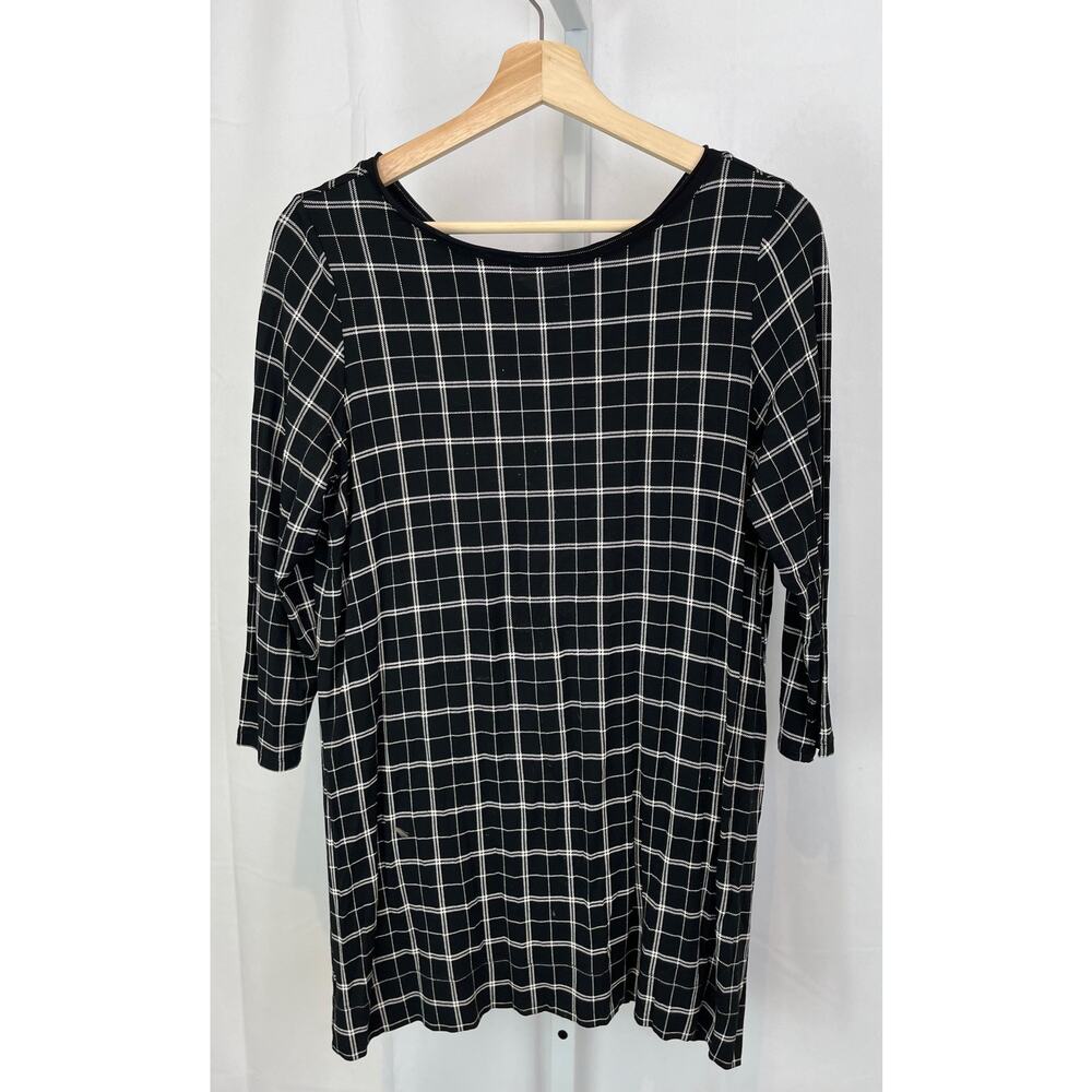 J. JILL Wearever Petite S PS Windowpane Check 3/4 Sleeve Top V-Back Black White
